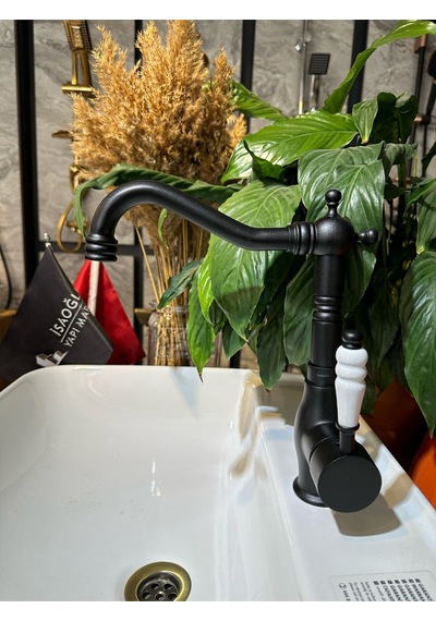 İsaoğlu Yapı Siyah Lavabo Bataryası Zen Design Kolay Abdest Yüksek Lavabo Musluğu Siyah Armatür Siyah