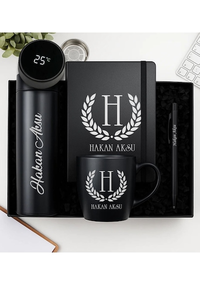 Bk Gift Kişiye Özel Siyah Dereceli Termos, Kupa Ve Tükenmez Kalem Hediye Seti-1 Babalar Günü Hediyesi, Yeni İş Hediyesi, Öğretmene Hediye Kobitmeyen
