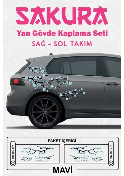 Sakura Kiraz Çiçeği - Yan Gövde Sticker Seti Kaplama Mavi - 864812509
