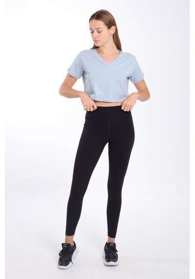 Maraton Sportswear Regular Kadın V Yaka Kısa Kol Basic Sisli Mavi Crop Top 21236 Mavi