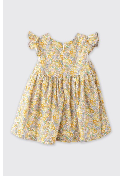 Made With Liberty Fabric Liberty Kumaş Çiçek Desenli Yenidoğan Elbise Sarı