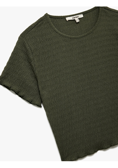 Koton Bisiklet Yaka Kısa Kollu Slim Fit Dokulu Crop Tişört Haki 5sak50210ek Haki