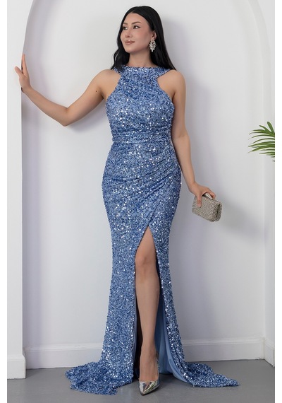 Kalopya Halter Yaka Yırtmaçlı Pulpayet Elbise Ecr5482 Mavi