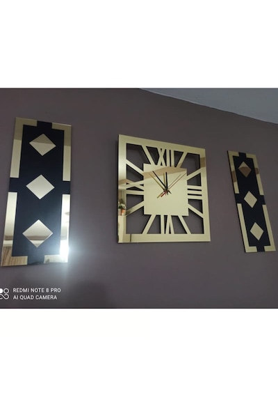 Altın Renk Aynalı Pleksi Modern Tasarım Yuvarlak Duvar Saati Tablo 3 Lü Set Sessiz Mekanizma Saat 40x40cm Tablo 50x20 Cm Gold - Siyah