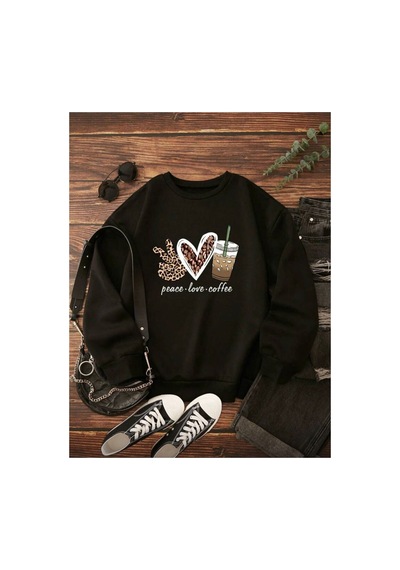 Herkesemoda Peace Love Detaylı Bisiklet Yaka İçi Polarlı Sweatshirt Siyah
