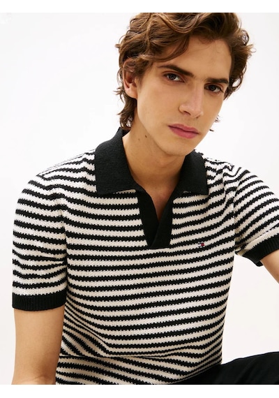 Tommy Hilfiger Örgü Dokulu Keten İplik Dokuma Polo T-shirt Siyah