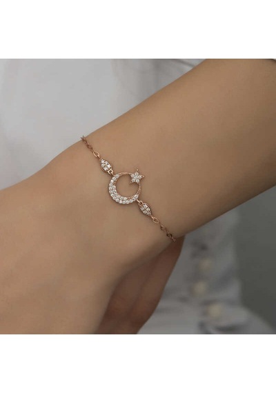 Gümüş Rose Ay Yıldız Kadın Bileklik Sl5247 Gümüş