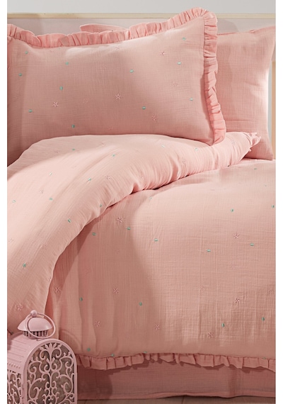 Organik Müslin Zarif Nakış İşlemeli Pembe Bebek Nevresim Takımı Yumuşacık Premium Seri - 4 Parça Pembe - 786770582 Pembe