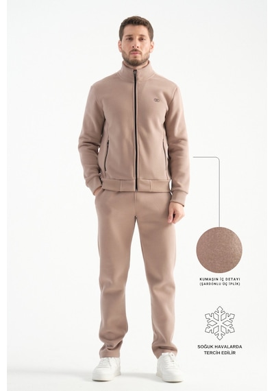 Shooter Sportswear Shooter Deluxe Kışlık Erkek Eşofman Takımı Dikiş Detaylı Regular Kalıp Vizon