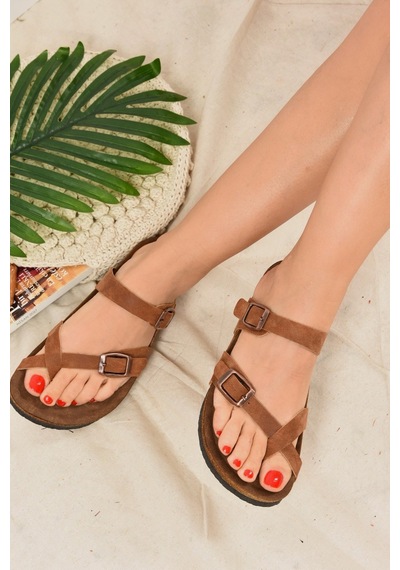 Fox Shoes Taba Süet Parmak Arası Kadın Terlik K777613402