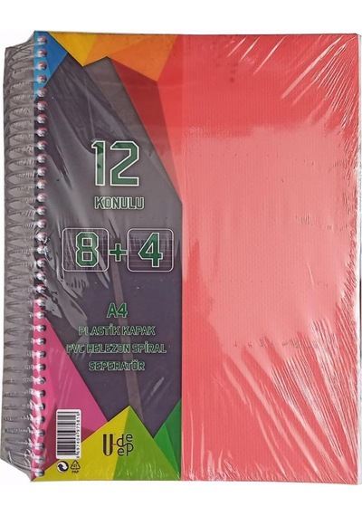 8+4 Ayraçlı Defter 12 Konulu 300 Yaprak 1 Adet 8 Kareli 4 Çizgili Spralli Plastik Kapak Seperatörlü Kırmızı