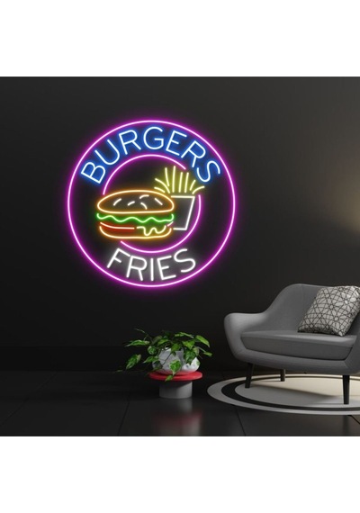 Burgers Frıes Yazılı Ve Şekilli Neon Tabela Çok Renkli