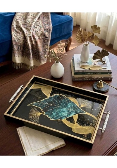 Ginkgo Yaprağı Desenli Dekoratif Tepsi & Siyah Gold Çerceveli Kulplu Çay Kahve Sunum Tepsisi