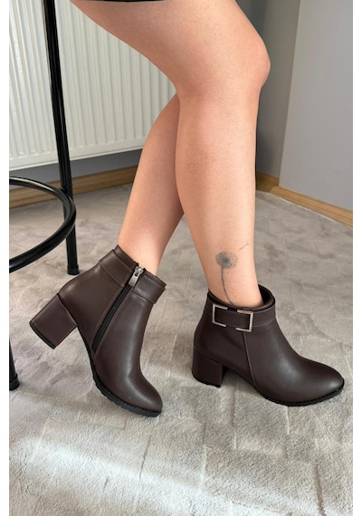 Preshley Kadın Trend Kahverengi Kare Tokalı 6 Cm Topuklu Oval Burun Bot Kahve