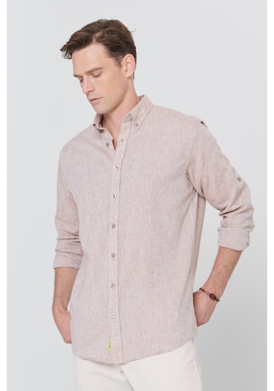 AC&Co / Altınyıldız Classics Erkek Camel Comfort Fit Rahat Kesim Düğmeli Yaka Casual Keten Gömlek Camel