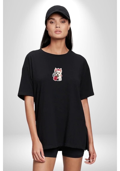Beyaz Highland Teriyeri Kırmızı Gül Siyah Oversize Unisex Ön Orta Minimal Baskılı Tişört Siyah Beyaz Highland Teriyeri Kırmızı Gül Siyah Oversize Unisex Ön Orta Minimal Baskılı Tişört Siyah