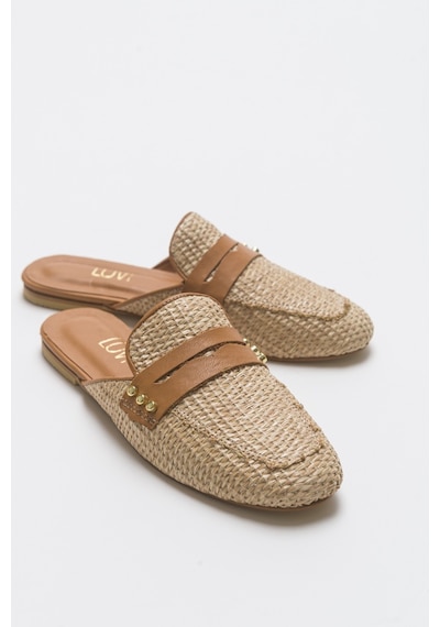 Luvishoes 165 Hakiki Deri Taba Hasır Kadın Terlik Taba