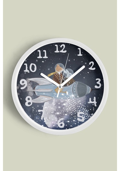 Yıldızlı Hayvanlı Uzay - Astronot - Astronomi Temalı Modern Duvar Saati - 30cm - Önü Camlı Beyaz