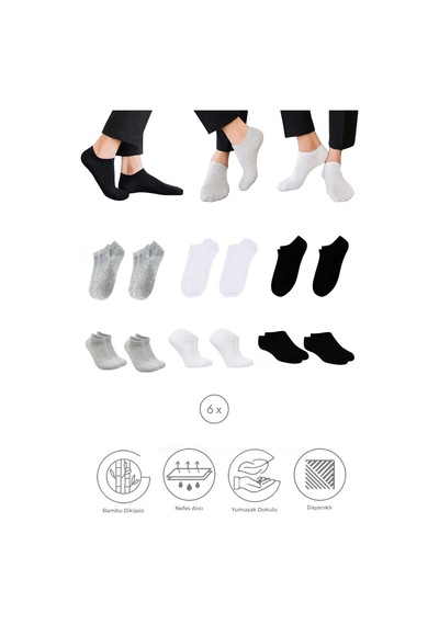 Saysez Bambu Erkek Sneaker Çok Renkli Çorap Dikişsiz Görünmez Bilekte Spor Çorap Premium 6'lı Paket Çok Renkli