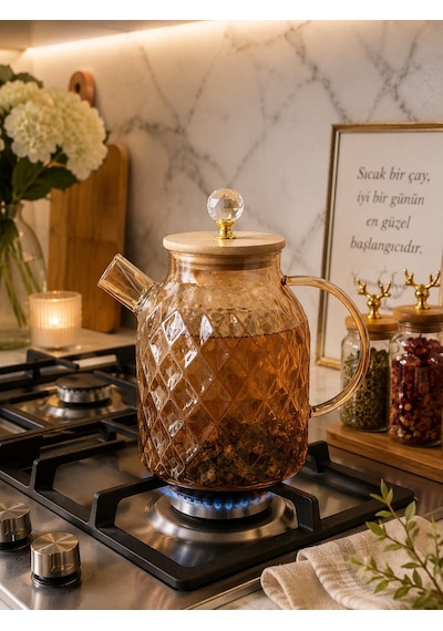 Qerhome Ateşe Dayanıklı Borosilikat Cam Demlik 1800 Ml Bambu Kapaklı Amber Cam Sürahili Çaydanlık Dh-43