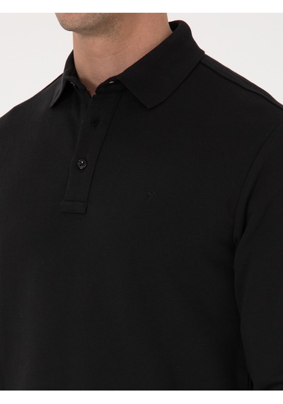 Siyah Regular Fit %100 Pamuk 3 İplik Polo Yaka Sweatshirt