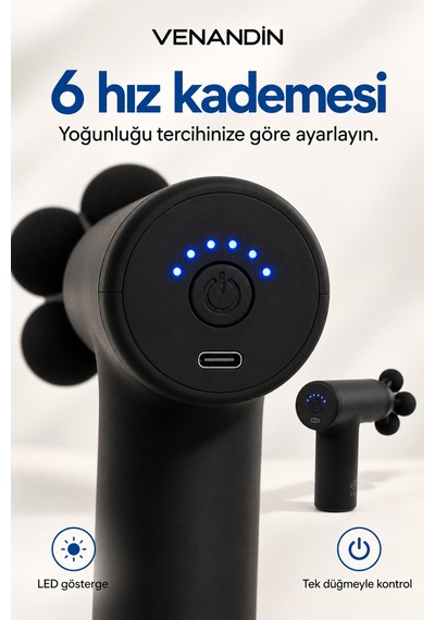 Md-9901 Flexi Darbeli Masaj Tabancası 60w, 6 Kademeli, 5 Başlıklı - Siyah