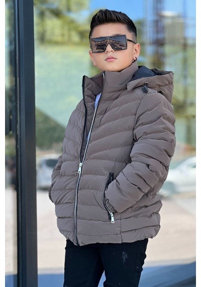Pina Kids Erkek Çocuk Çıkarılabilir Kapüşonlu Sık Dikişli Nova Kumaş Kışlık Şişme Mont Km4016 Kahverengi
