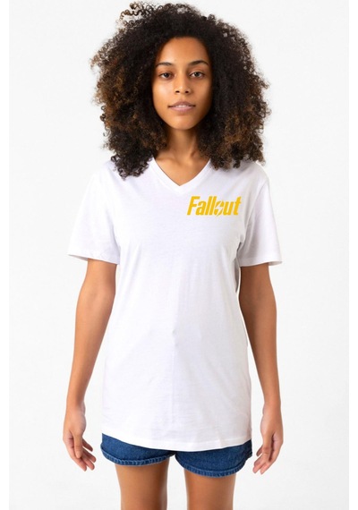 Fallout Lettern Beyaz Kadın V Yaka Tshirt Beyaz