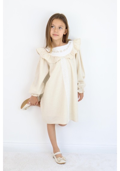 Miababy Nakış Detaylı Keten Elbise 1-8 Yaş Krem