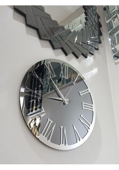 Ayna Denizi Silver Jet Smoked Model Gümüş Füme Renk 50 CM Dekoratif Aynalı Duvar Saati Gümüş