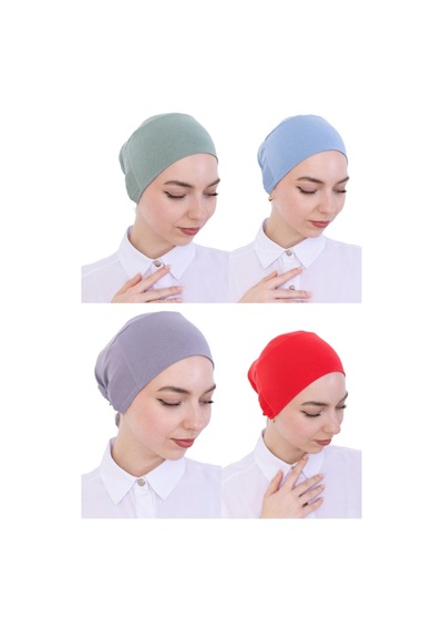 Modish Group Kadın Tesettür Bone Bağcıklı Dikişsiz Penye 4 Parça Set Gri, Açık Mavi, Açık Yeşil, Pembe