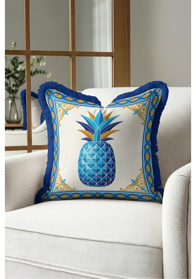 Ananas Tropik Otantik Motifli Saçaklı Yastık Kılıfı - Akdeniz Mavi Lacivert Püsküllü Kırlent Kılıfı Sakin Ufuk Serenat