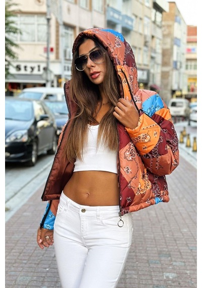 Keyifli Moda Kadın Kahverengi Desenli Kapüşonlu Kolları Fermuarlı Kısa Şişme Mont - S-m Kahverengi