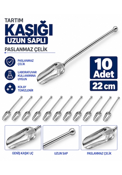 Tartım Kaşığı 22 Cm - Paslanmaz Çelik Spatül - Uzun Saplı - 10 Adet