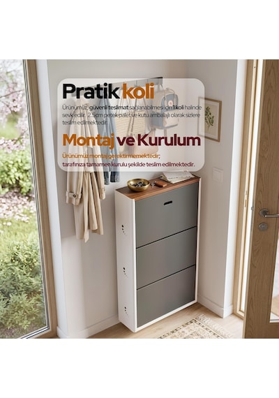 Oval Kenarlı 3'lü Metal Ayakkabılık Antrasit - Beyaz