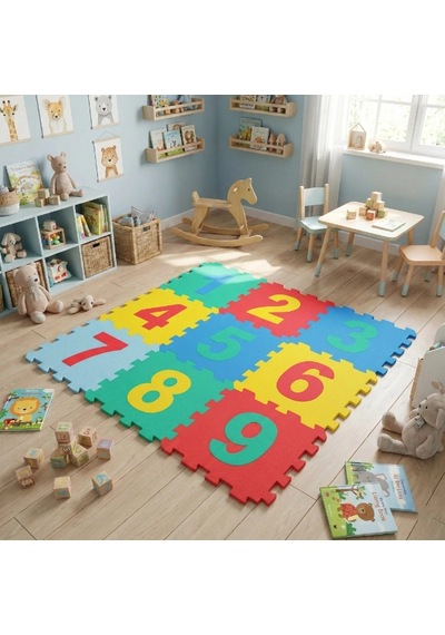 Yermatı Çocuk Oyun Eğitim Güvenli Eva Darbe Emici Canlı Renkler 9 Parça Sayılar Puzzle Yer Matı
