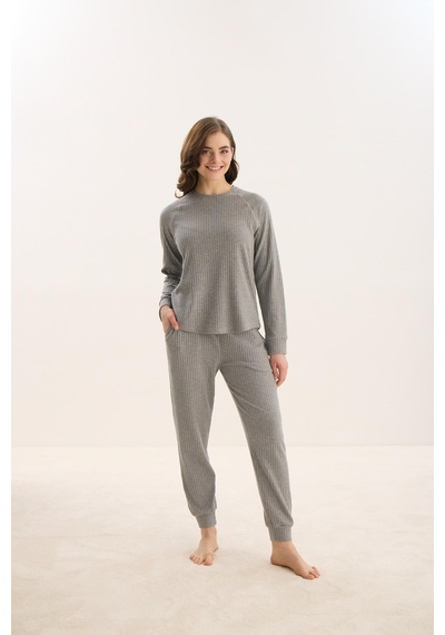 Sevim Kadın Uzun Kol Gri Mlelanj Pijama Takım C3t7n0o61 001