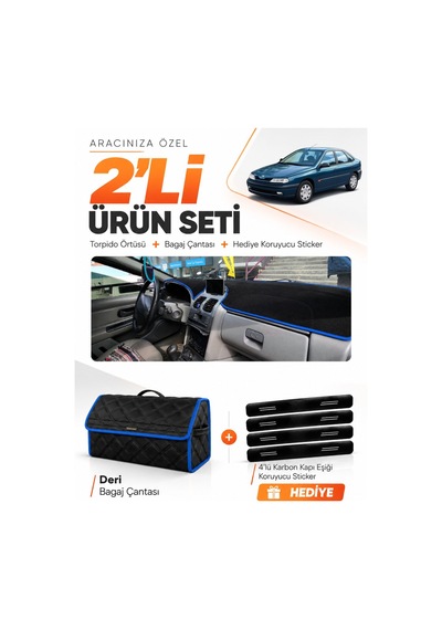 Renault Laguna 1 Aırbagli 2000-2007 Uyumlu Torpido Örtüsü + Deri Bagaj Çantası Seti - Siyah Mavi