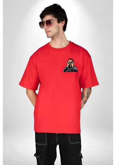Fantastik Sanatsal Yeni Nesil Kırmızı Bere El İle Dürbün Kırmızı Oversize Unisex Ön Ve Sırt Baskılı Tişört Kırmızı