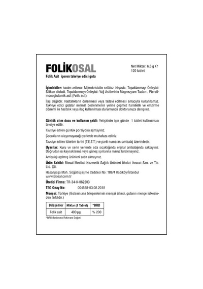 Folik Asit 400 Mcg 120 Tablet (Biosal Folikosal) Folik Asit 400 Mcg 120 Tablet (Biosal Folikosal)