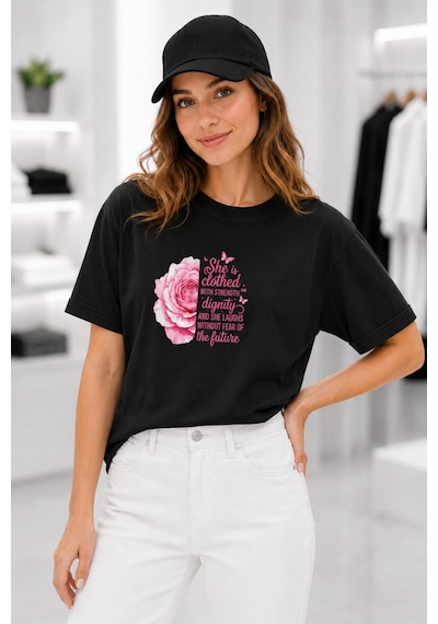 Bayloranzzo Rose Art %100 Pamuk Heavy Cotton Premium Kalite Kadın Tişört Siyah