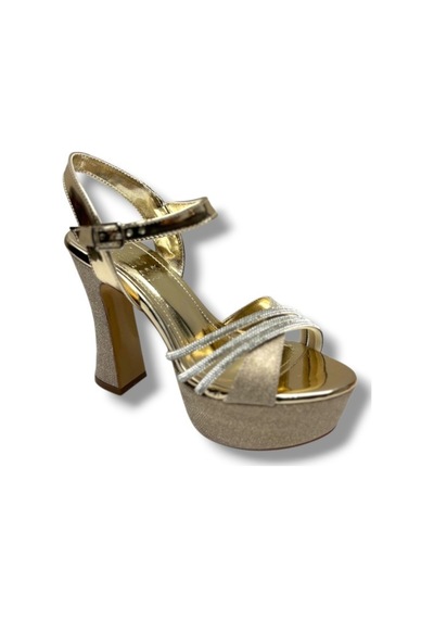 Defne 798-26 Simli Saten Çapraz Taşlı 30mm Platform Topuk Kadın Sandalet 12cm Altın