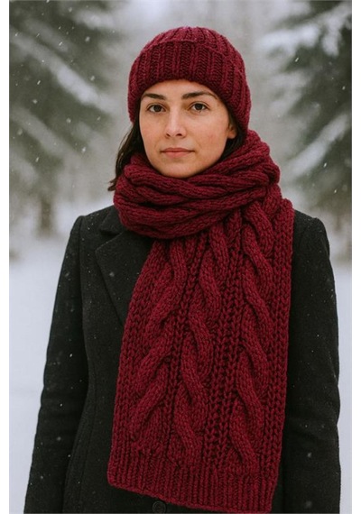 Dip Moda Kadın Bordo Kışlık Kalın Örme Yumuşak Dokulu Premium Atkı Dpaks050