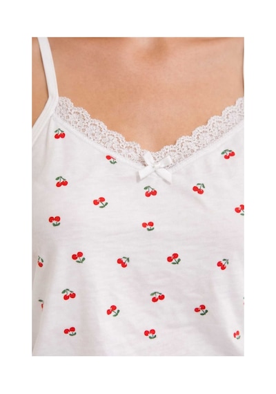 Tenra Kadın Beyaz Kiraz Desenli İp Askılı Şortlu Pijama Takımı Dantel Detaylı Gümüş