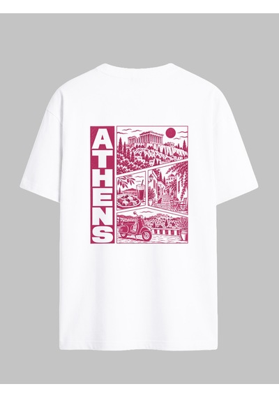 Black Nova Oversize Baskılı Unisex Tişört Athens Stamp Beyaz