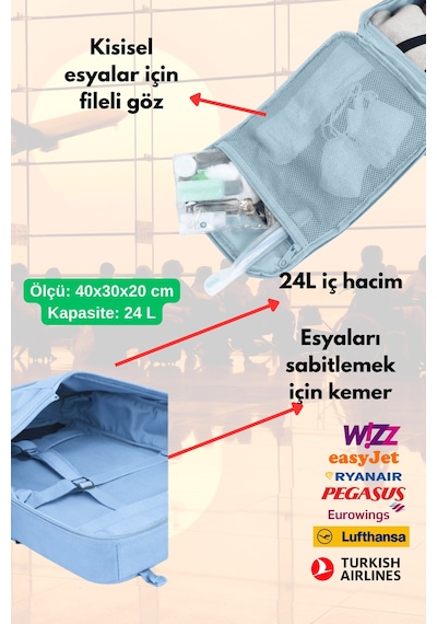 Jet Turtle Seyahat Sırt Çantası 40cm 40x25x15 Cm Pegasus, Wizz Air, Ryanair, El Valizi Koltuk Altı Valizi Buz Mavisi