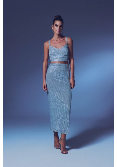 Sateen Fermuarlı Karolin Midi Etek - Gümüş-135352 Gümüş