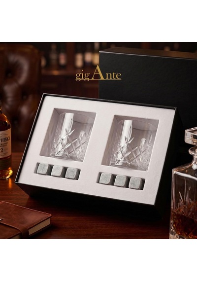 Tr Gigante Deluxe Bohemia Kristal Viski Bardağı Seti, 320 Ml, 2 Bardak Ve 6 Mermer Viski Taşı, Kristal Kesim Desen, Diğer