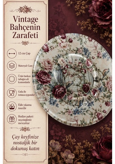 6 Lı Cam Çay Tabağı Vintage Gül Ve Kuş Kafesi Desenli 12 Cm 6 Adet Çay Tabak Bordo