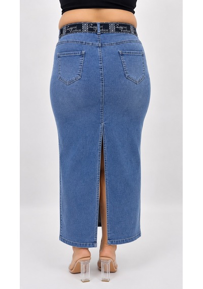 Büyük Beden Denim Kemerli Yırtmaçlı Kalem Etek Mavi